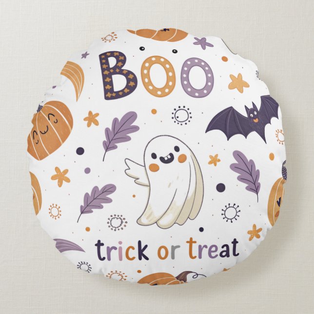 Pastel Halloween Round Pillow – Boo & Ghosts Rond Kussen (Voorkant)