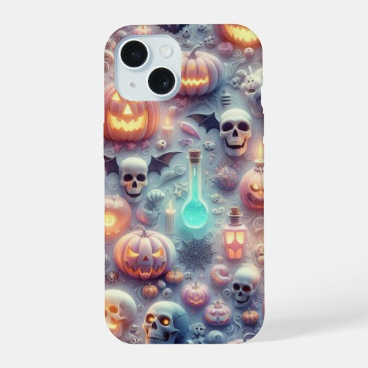 Pastel Halloween schedels, vleermuizen, geesten en iPhone 15 Case (Achterkant)