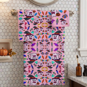 Pastel Halloween Snoep & Cute Heksengeesten Patroo Bad Handdoek