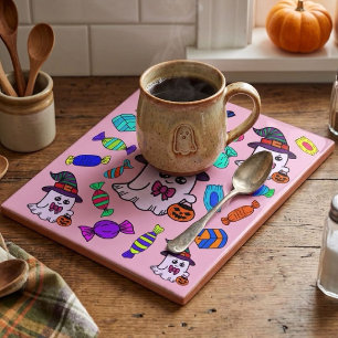 Pastel Halloween Snoep & Cute Heksengeesten Patroo Tegeltje