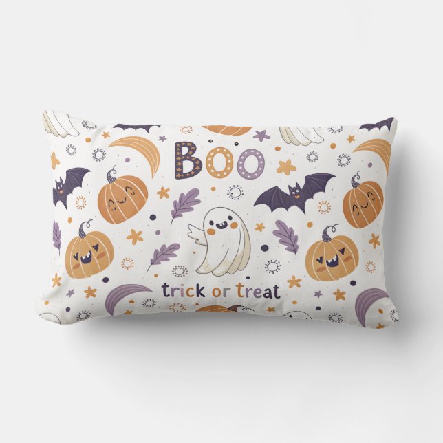 Pastel Halloween Throw Pillow – Cute Ghosts & Pump Kussen (Voorkant)