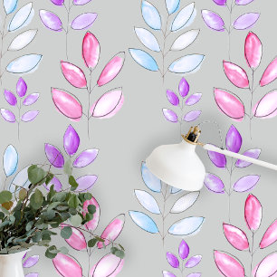Pastel Handbeschilderde Waterverf Bladeren op grij Behang