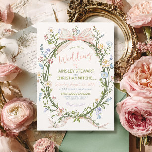 Pastel Handgetekende Vintage Bloemboog Groene Trou Kaart