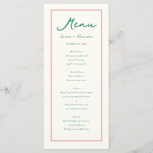Pastel Handschrift Pinky Green Retro Bruiloft Menu (Voorkant)