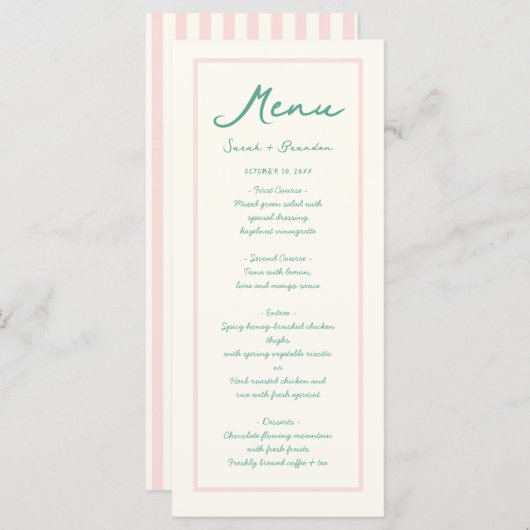 Pastel Handschrift Pinky Green Retro Bruiloft Menu (Voorkant / Achterkant)