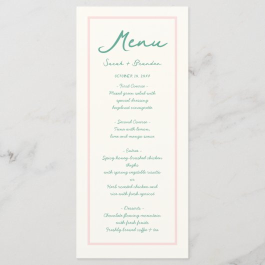 Pastel Handschrift Pinky Green Retro Bruiloft Menu (Voorkant)