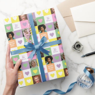 Pastel Heart Checkerboard met Foto's Valentijn Cadeaupapier