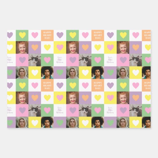 Pastel Heart Checkerboard with Photos Valentine Inpakpapier Vel (Voorkant)