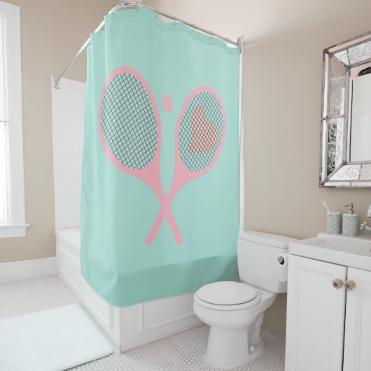 Pastel Heart Tennis Player Racquets Ball Blue Douchegordijn (In situ)