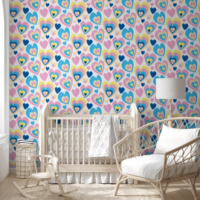 Pastel Hearts Cute Romantic Groovy Delicate Blue. Behang (Kinderen)