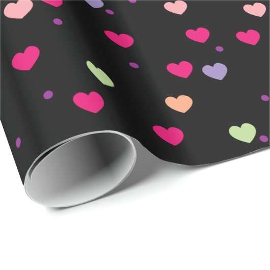 Pastel Hearts Patroon op zwart Cadeaupapier (Rol Hoek)