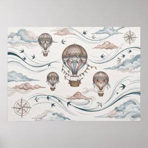 Pastel Heet Lucht Ballonnen Kompas Reis Poster