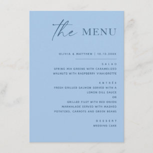 Pastel Hemelblauwe Kustbruiloft. Modern Minimalist Menu