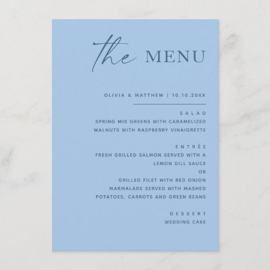Pastel Hemelblauwe Kustbruiloft. Modern Minimalist Menu (Voorkant)
