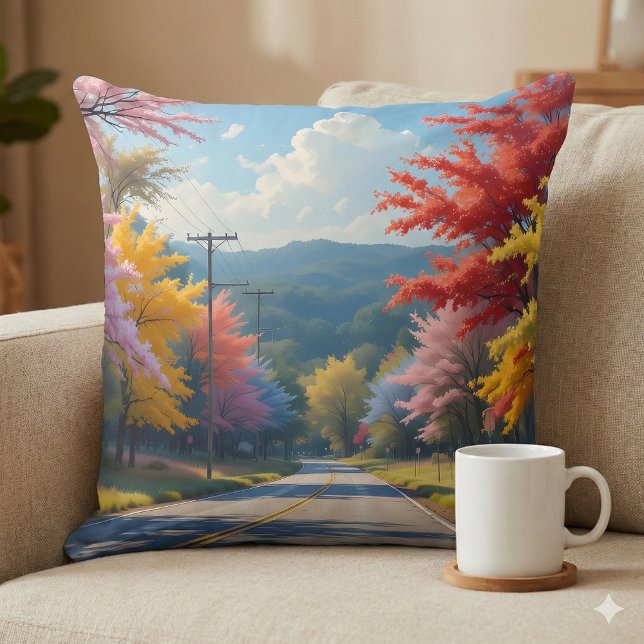 Pastel herfst landweg aquarel kussen (Pastel Autumn Country Road Watercolor Throw Pillow Mockup A)