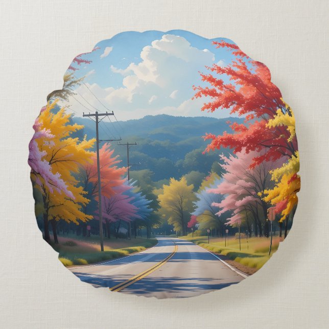 Pastel herfst landweg aquarel rond kussen (Voorkant)
