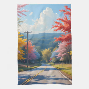 Pastel herfst landweg aquarel theedoek