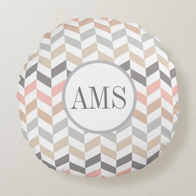 Pastel Herringbone Monogram Rond Kussen (Voorkant)