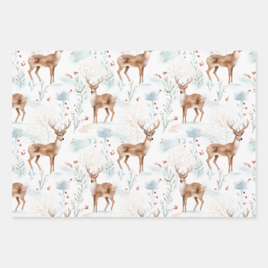 Pastel Herten Waterverf Winterkerst Inpakpapier Vel (Voorkant)