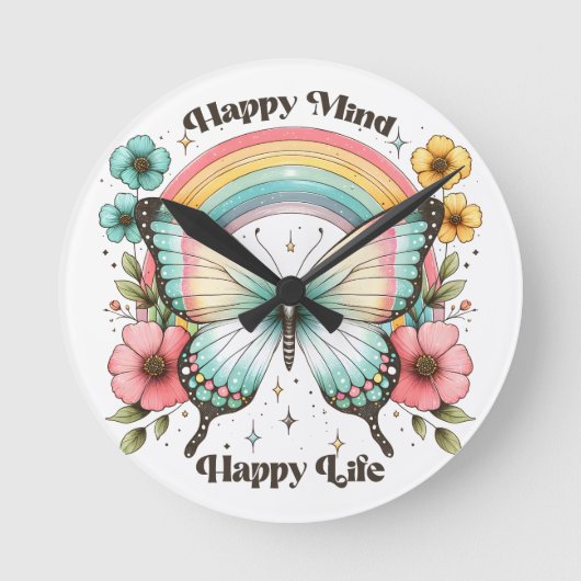 Pastel Hippie "Happy Mind Happy Life" Ronde Klok (Voorkant)