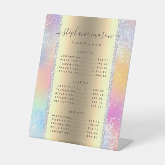Pastel Holografische Glitter Diamanten Prijs Menu Reclamebord Met Voetstuk (Voorkant)