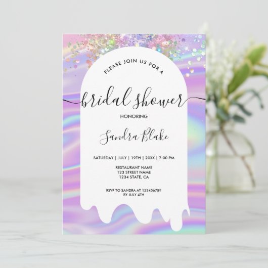 Pastel Holografische Glitter Drips Vrijgezellenfee Kaart (Staand voorkant)