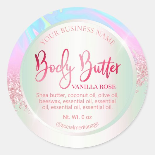 Pastel Holografische Roze Glitter Body Butter Labe Ronde Sticker (Voorkant)