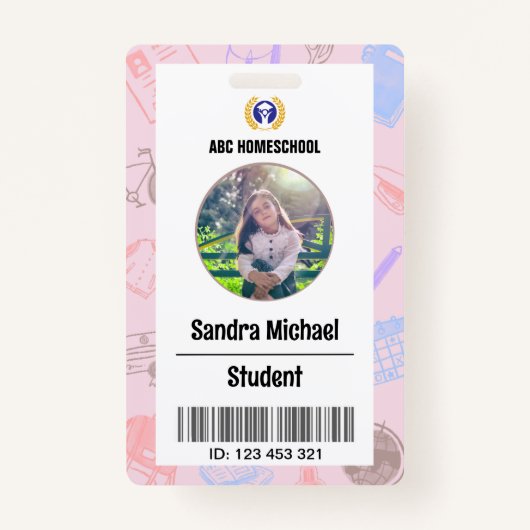 Pastel Homeschool Student ID Kaart met Foto & Bar Badge (Voorkant)