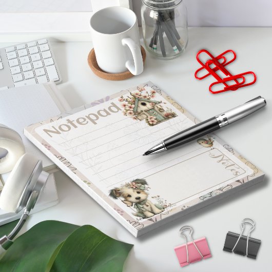 Pastel Hond & Bloem - Vogelhuisje Lente Design Notitieblok