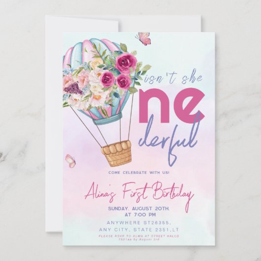 Pastel Hot Air Ballon Onederful 1e verjaardag Kaart (Voorkant)