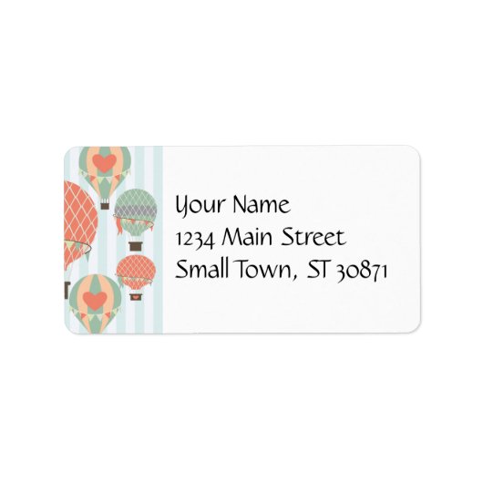 Pastel Hot Air-ballonnen die op een blauwe gestree Etiket (Voorkant)