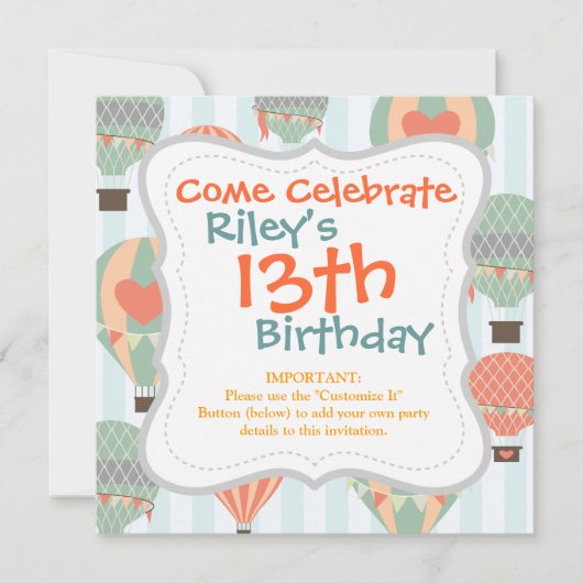 Pastel Hot Air-ballonnen die op een blauwe gestree Kaart (Voorkant)