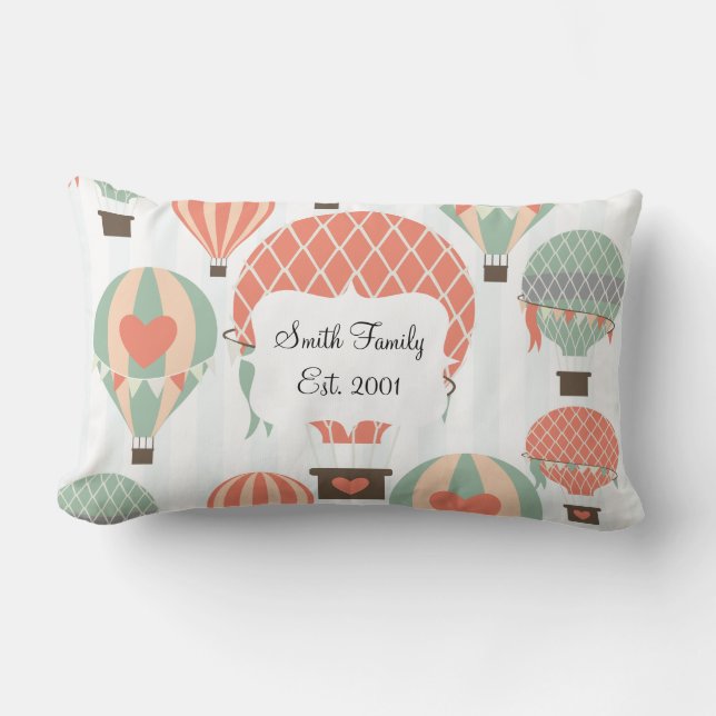 Pastel Hot Air-ballonnen die op een blauwe gestree Kussen (Voorkant)