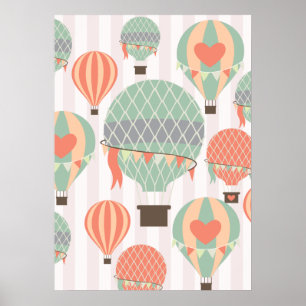 Pastel Hot Air-luchtballonnen stijgende roze gestr Poster