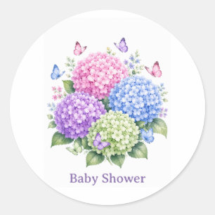 Pastel Hydrangea en Vlinder Baby Shower Ronde Sticker