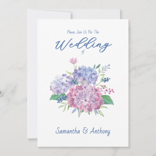 Pastel Hydrangea Flowers, Blue Wedding Invitation Kaart (Voorkant)