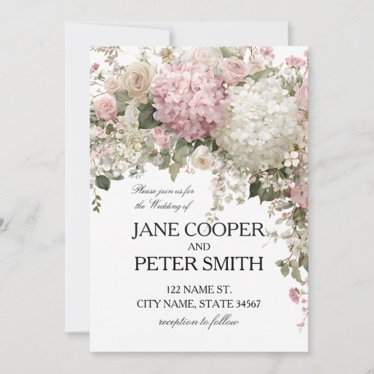Pastel hydrangea's en rozen Budget Bruiloft Kaart (Voorkant)