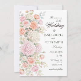 Pastel hydrangea's en rozen. Budget Bruiloft Kaart