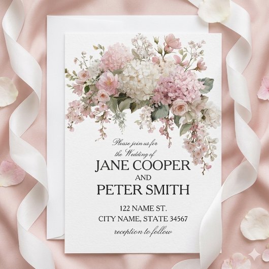 Pastel hydrangea's en rozen Budget Bruiloft Kaart