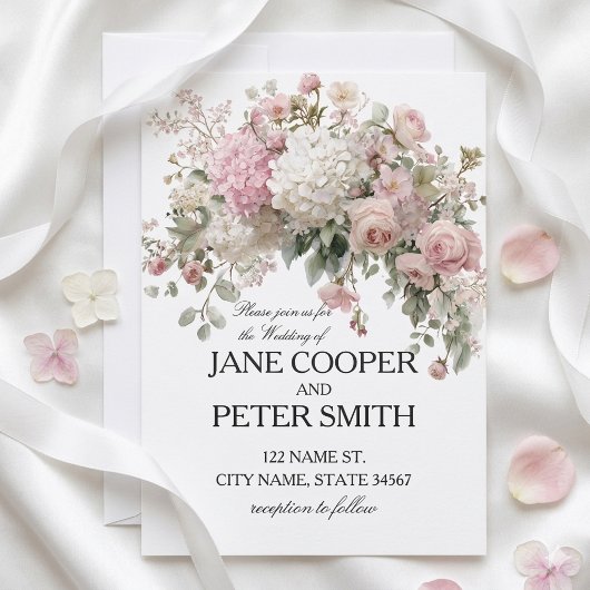 Pastel hydrangea's en rozen Budget Bruiloft Kaart