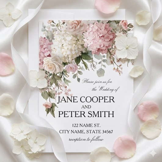 Pastel hydrangea's en rozen Budget Bruiloft Kaart