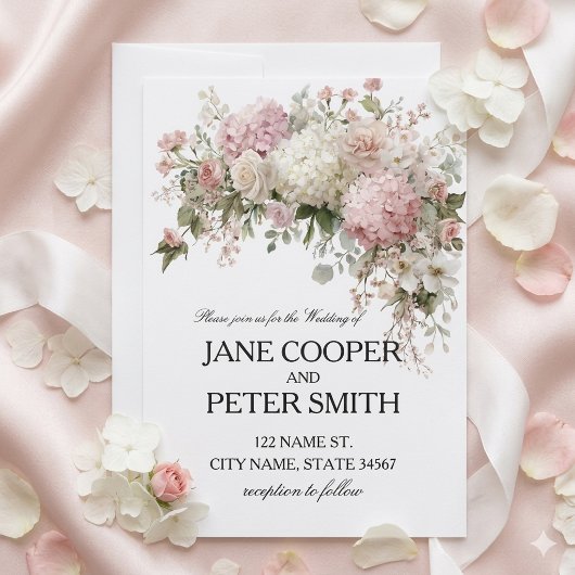 Pastel hydrangea's en rozen Budget Bruiloft Kaart