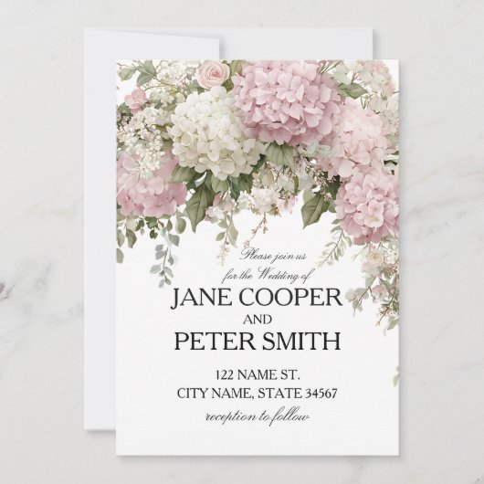 Pastel hydrangea's en rozen Budget Bruiloft Kaart (Voorkant)