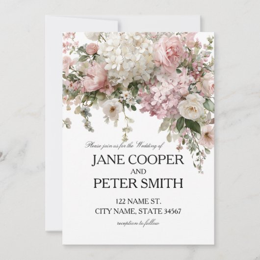 Pastel hydrangea's en rozen. Budget Bruiloft Kaart (Voorkant)
