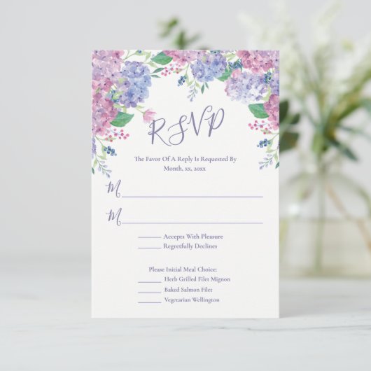 Pastel Hydrangeas, Floral Wedding RSVP Kaartje (Staand voorkant)