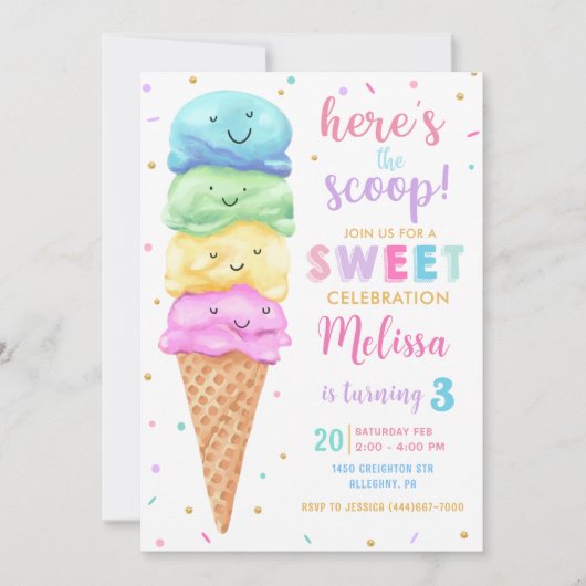 Pastel Ice Cream Hier is de Scoop Verjaardag Kaart (Voorkant)