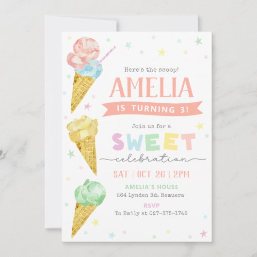 Pastel Ice Cream verjaardagsuitnodiging Kaart (Voorkant)