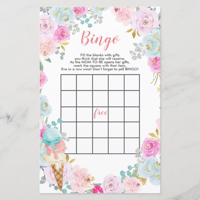 Pastel Ice roombloemen baby shower Bingo Game (Voorkant)