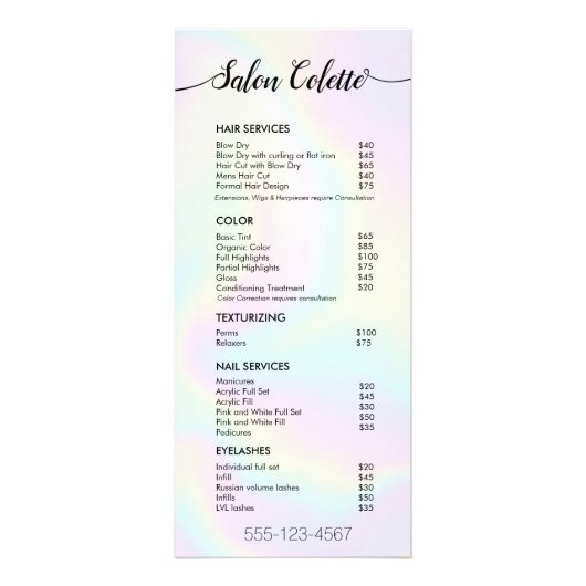 Pastel Iridescent Calligraphy Salon Service Menu (Voorkant)