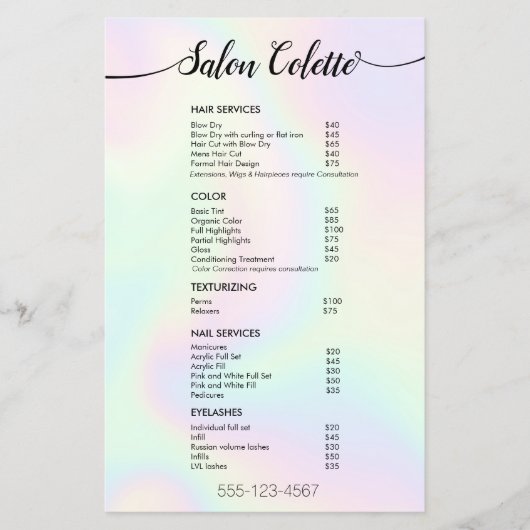 Pastel Iridescent Calligraphy Salon Service Menu (Voorkant)